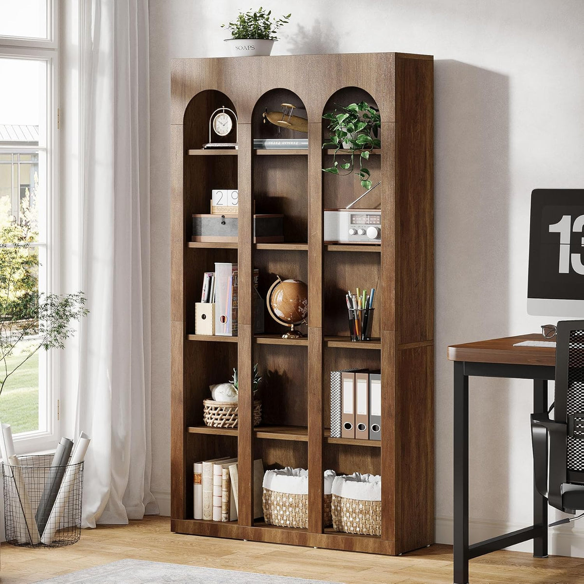70.87" 5-Tier Rustic Brown Farmhouse Arched Bookcase