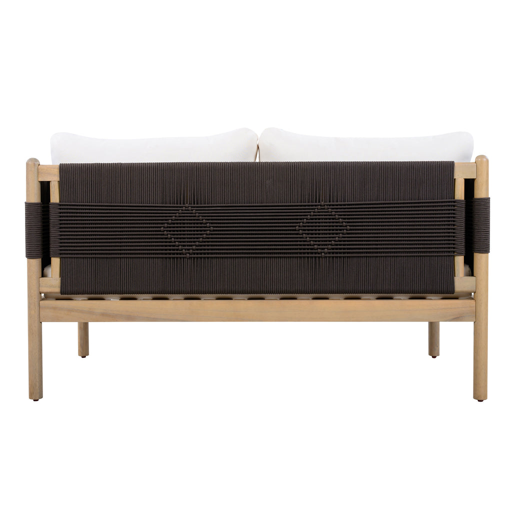 Outdoor Acacia Wood Loveseat with Diamond Rope Weave & Cushions, Light Teak