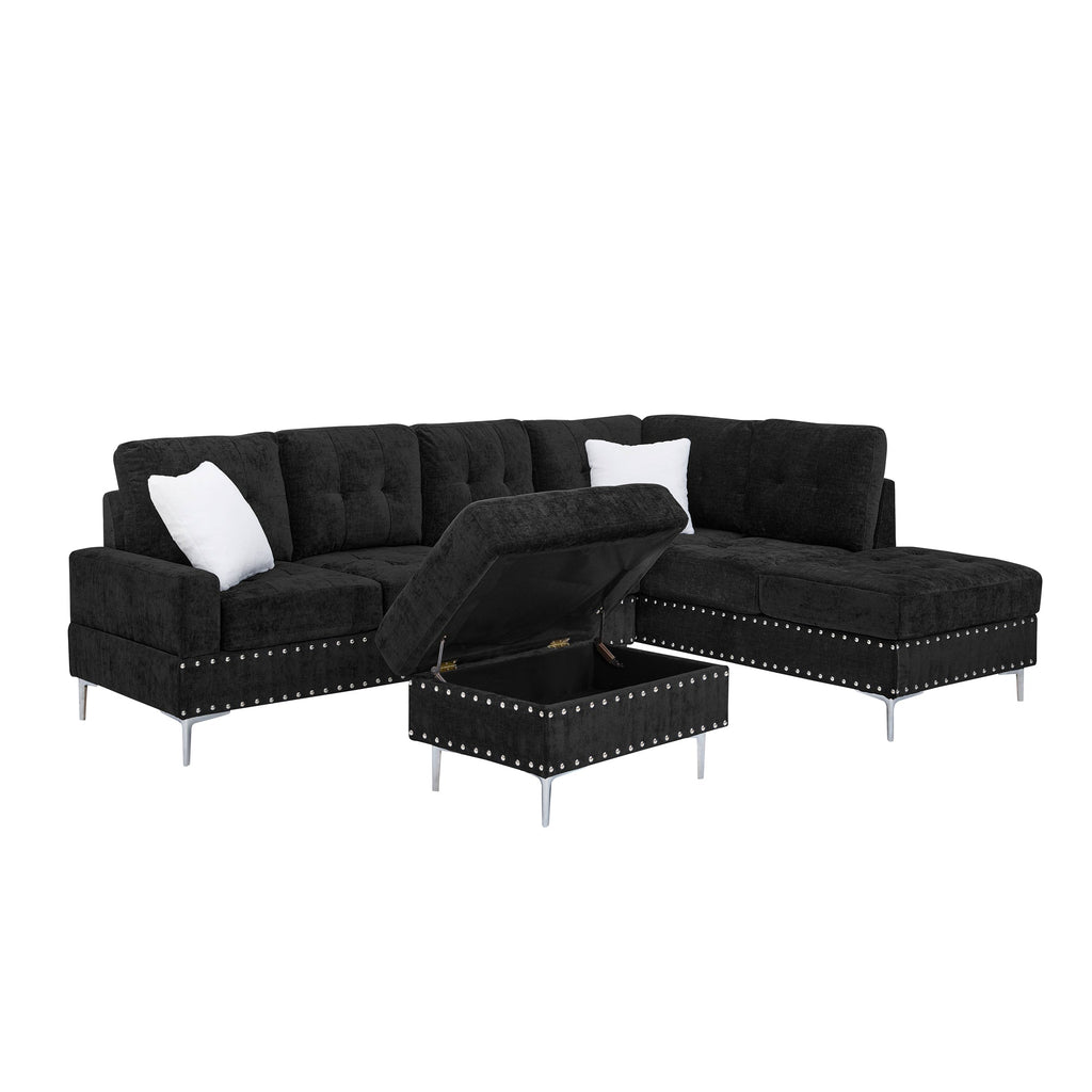 L-Shaped Chenille Sectional Sofa with Chaise and Storage Ottoman