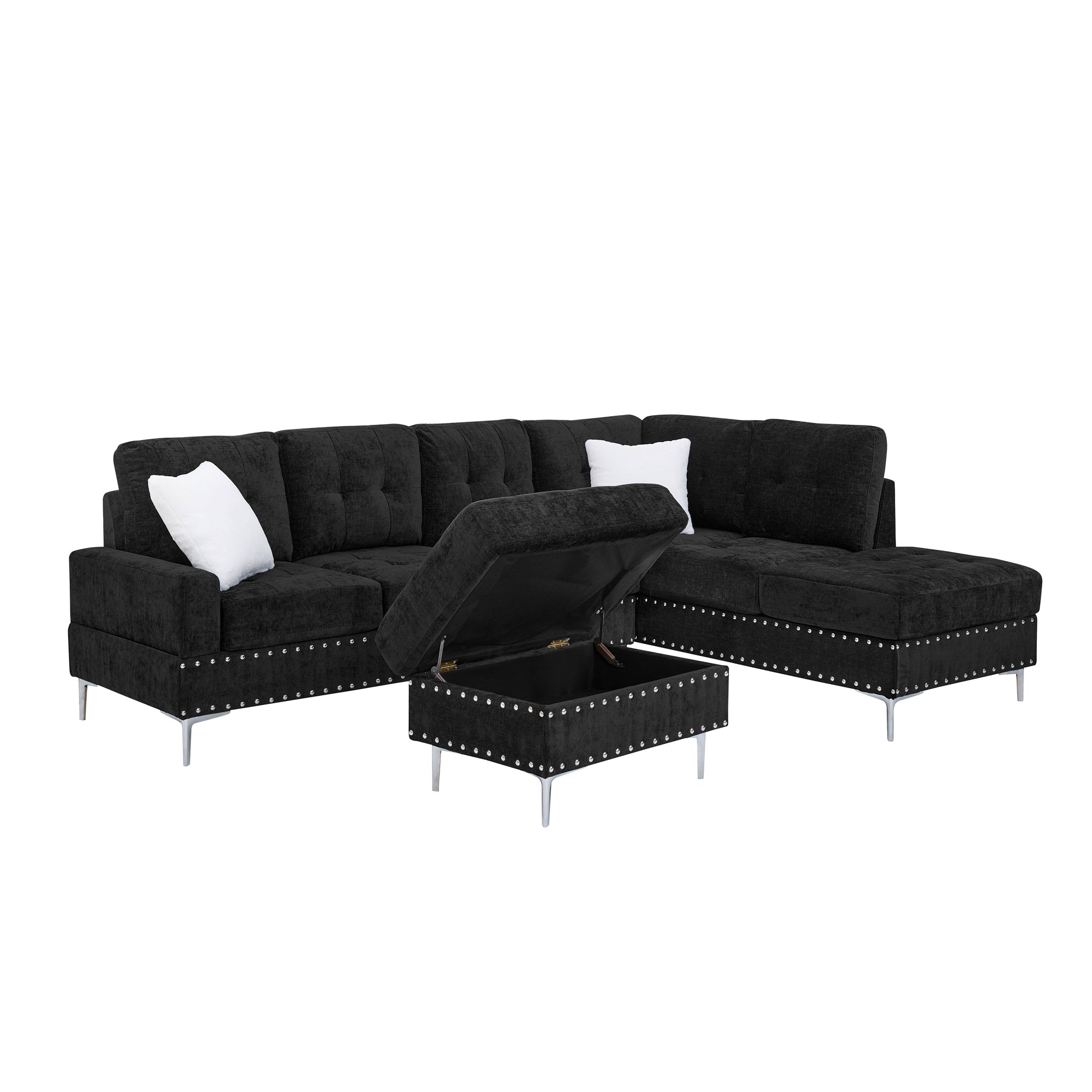 L-Shaped Chenille Sectional Sofa with Chaise and Storage Ottoman
