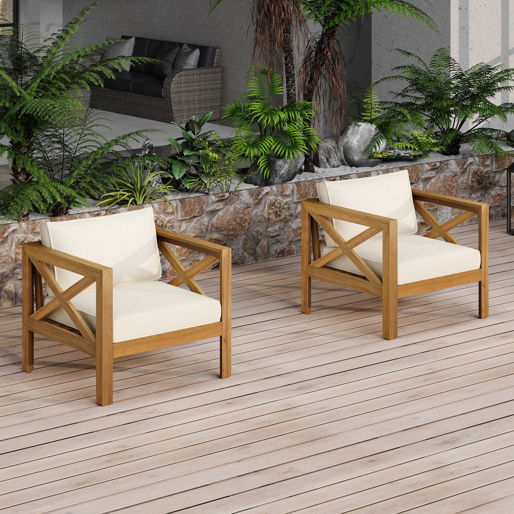 Outdoor Acacia Wood Club Wooden Armchair with Cushions (Set of 4)