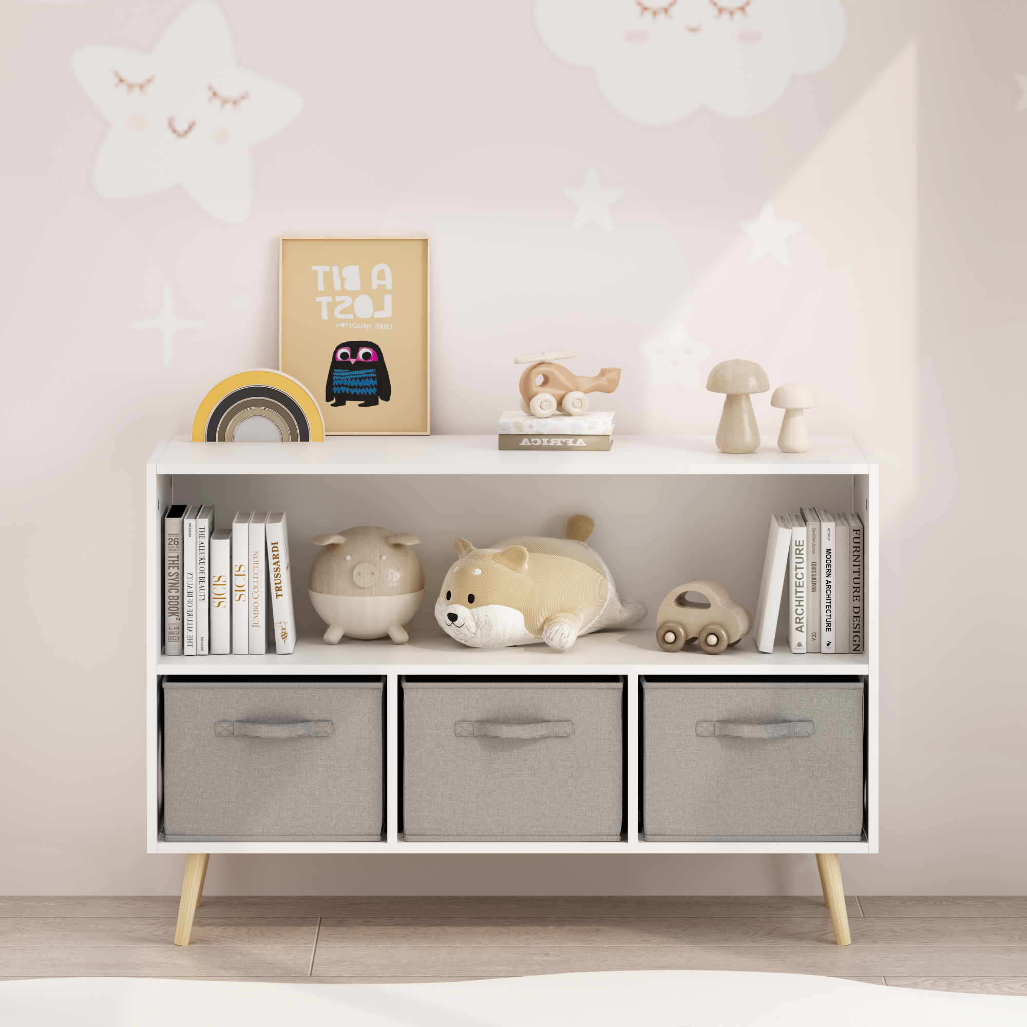 Kids Bookcase With Collapsible Fabric Drawers