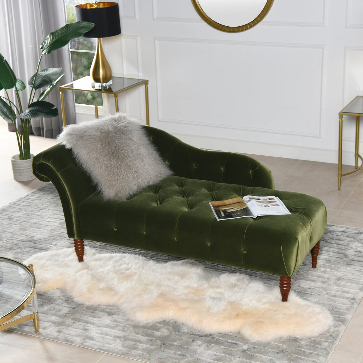 Samuel Tufted Roll Arm Chaise Lounge, Olive