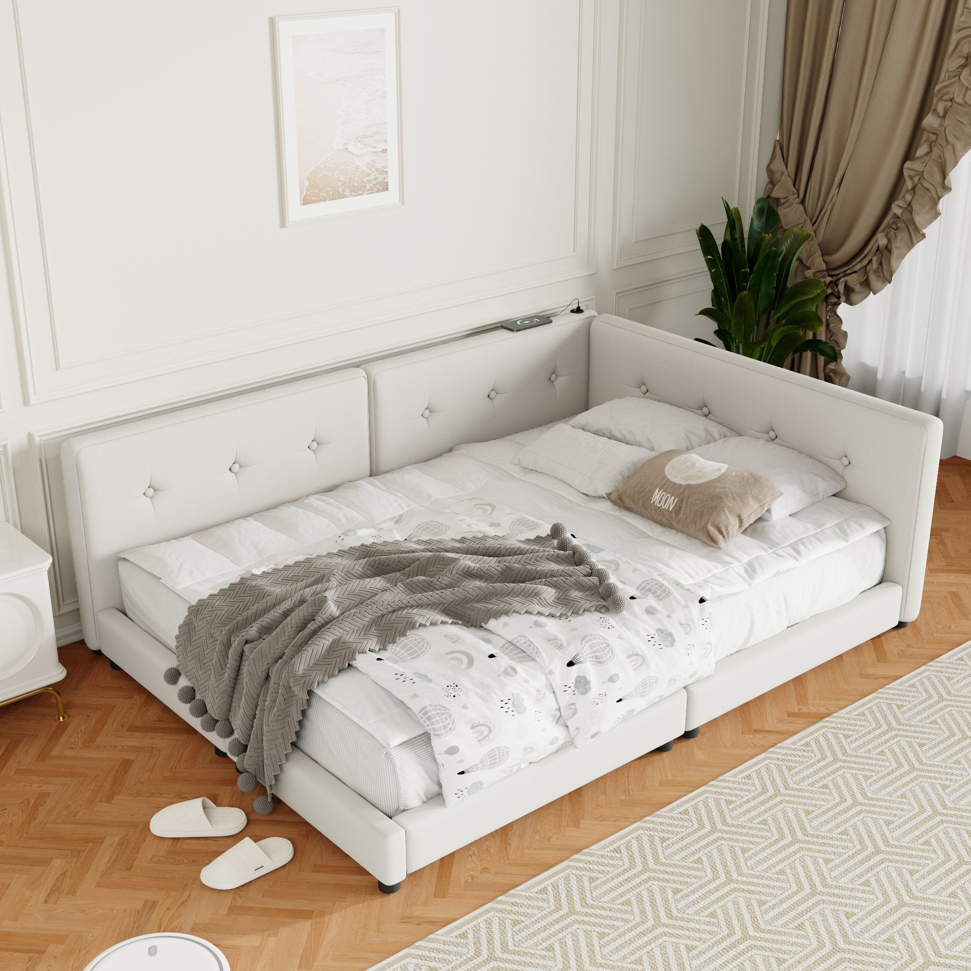 Upholstered Queen Size Platform Bed with USB Ports