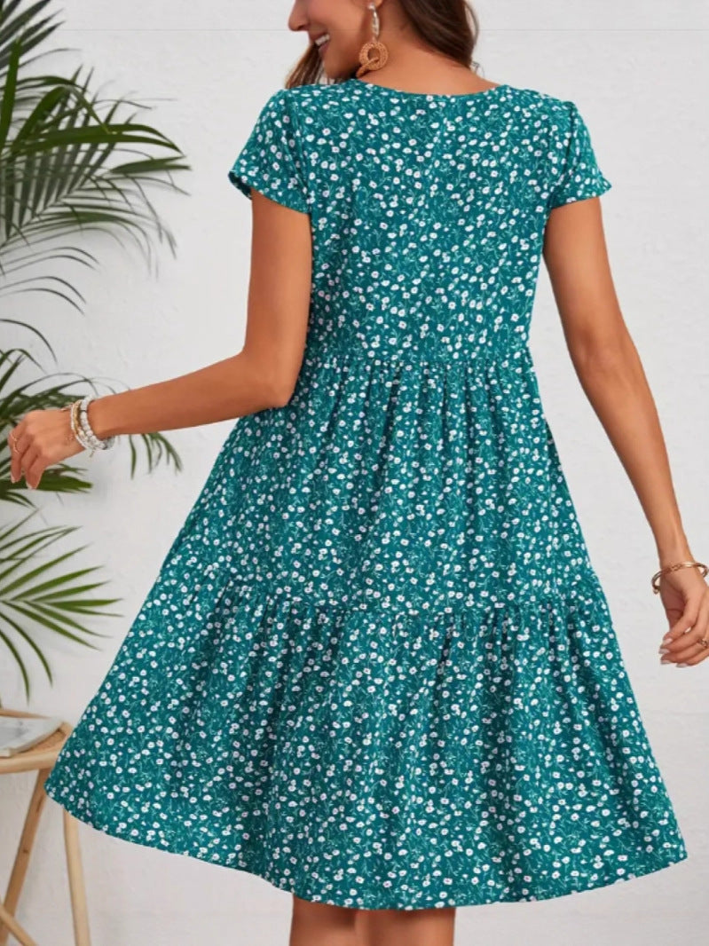 All Over Print Crew Neck Short Sleeve Casual Women's Dress