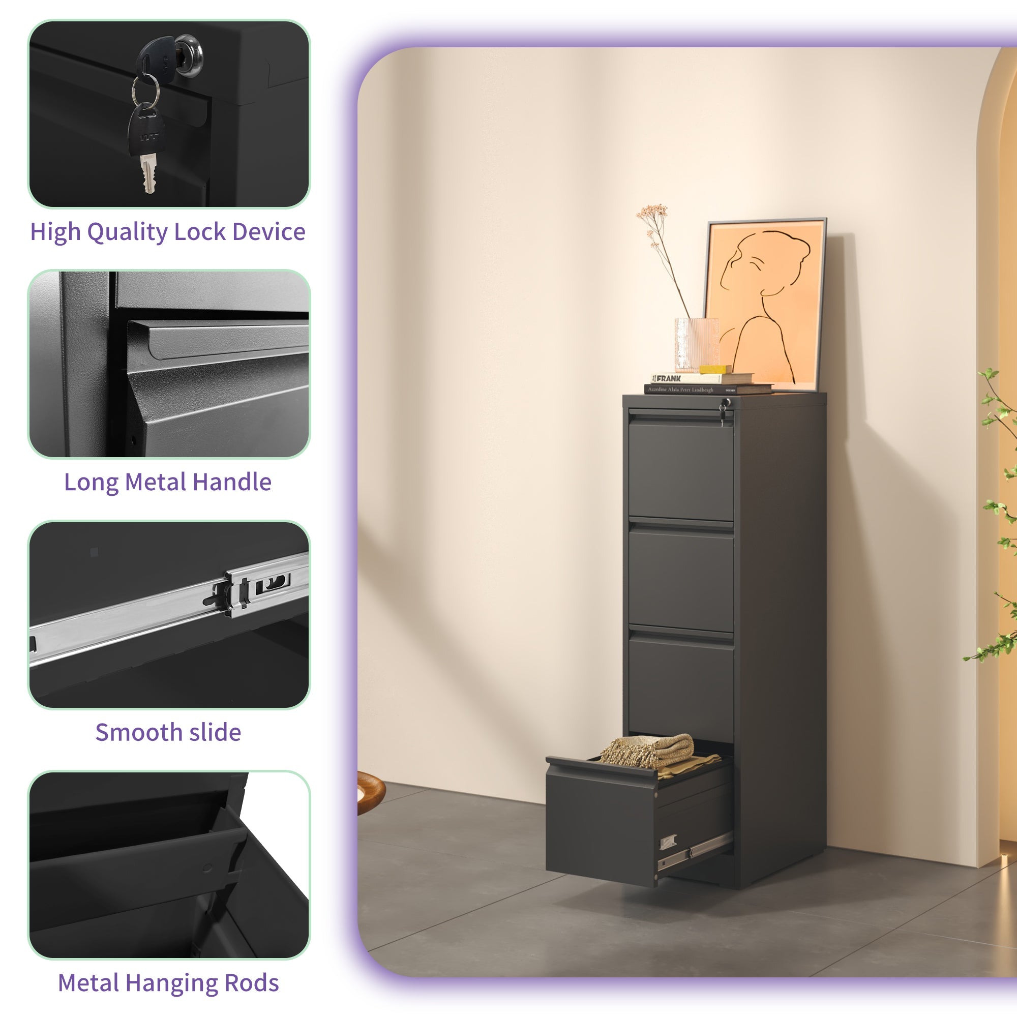 4 Drawer Metal Vertical File Cabinet with Lock