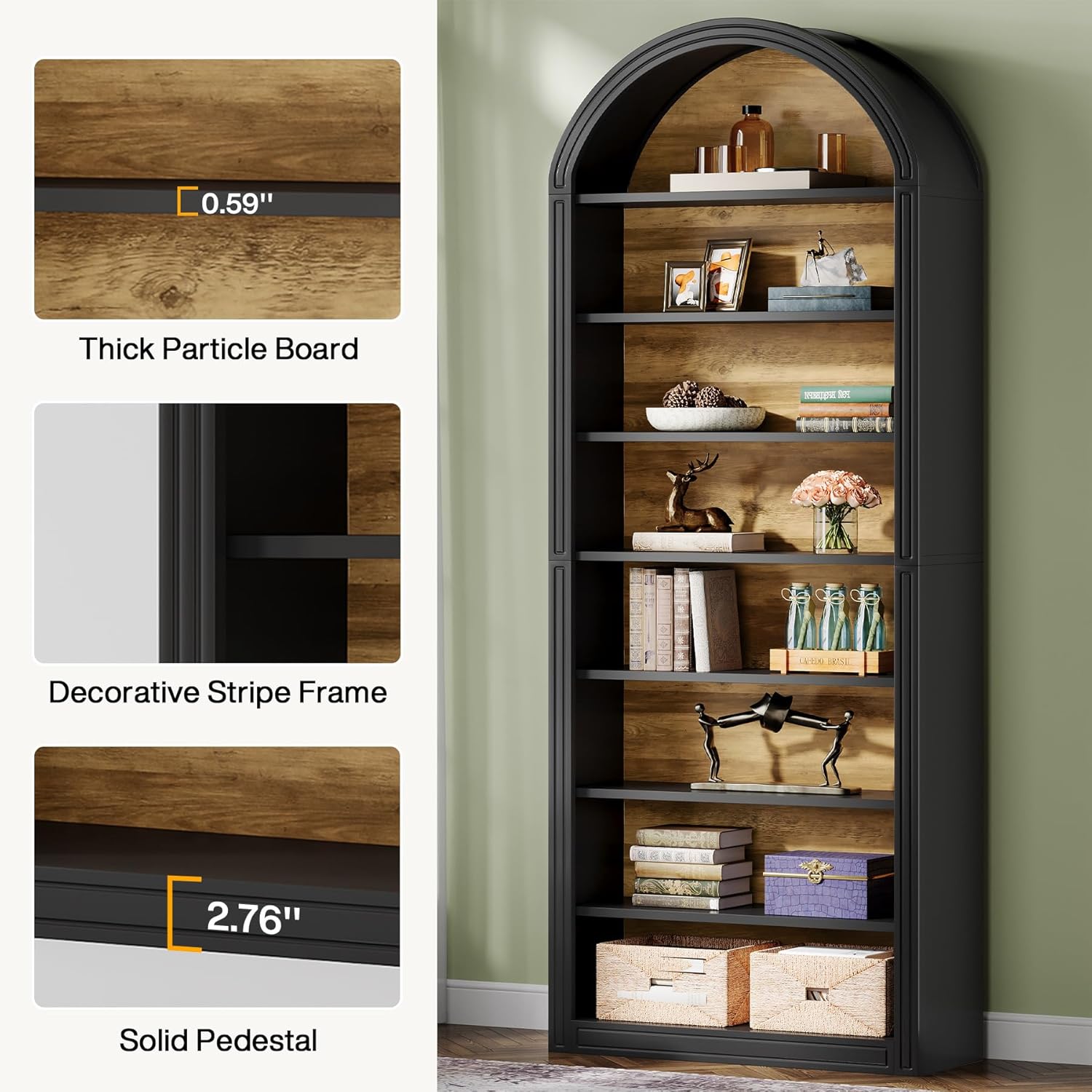 79.53" Tall 8-Tier Black Arched Open Bookshelf