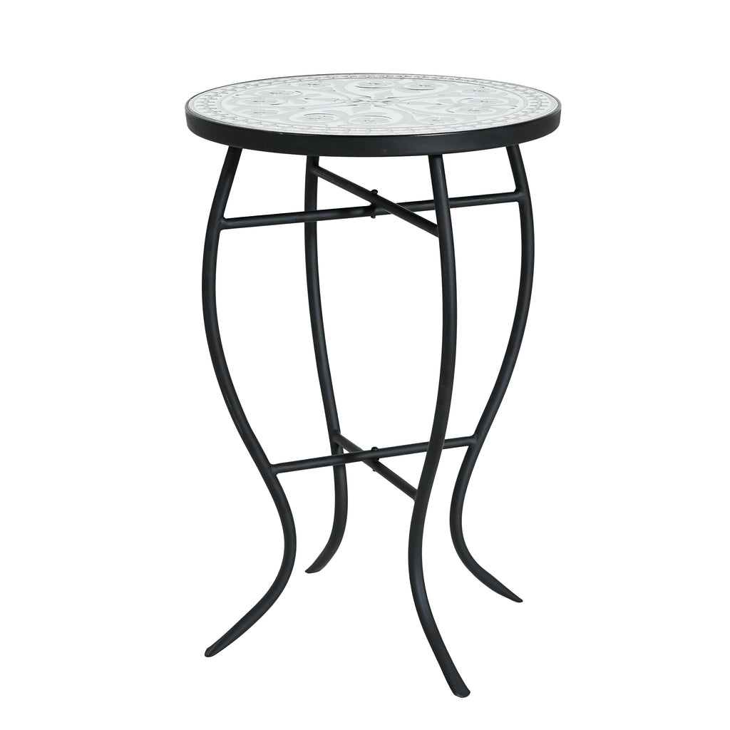 Outdoor Round Side Table with Mosaic-Style Top and Curved Iron Legs