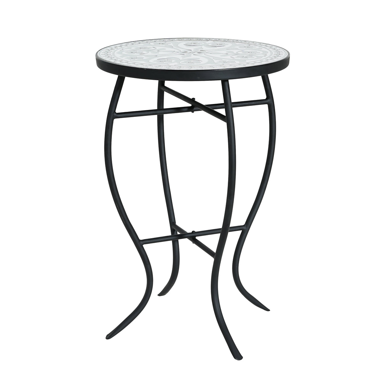 Outdoor Round Side Table with Mosaic-Style Top and Curved Iron Legs