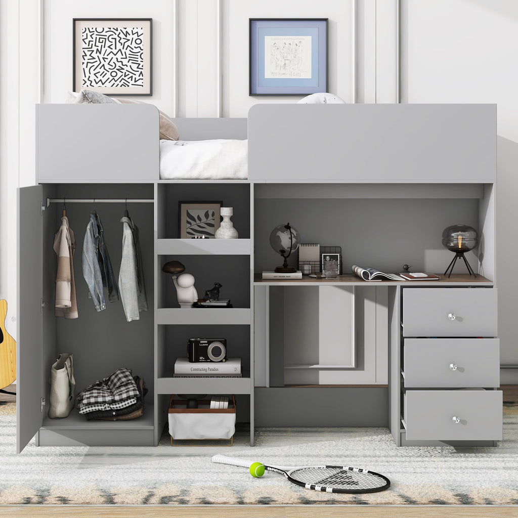 Wood Full Size Loft Bed with Built-in Wardrobe, Desk, Storage Shelves and Drawers