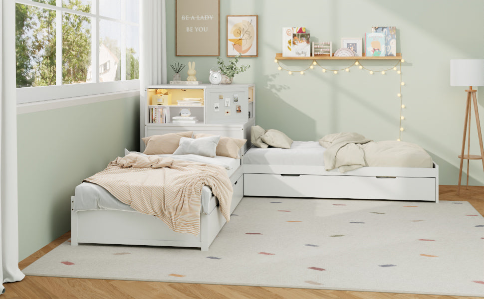 L-Shaped Combination Twin Bed Frame with Trundle and Drawer