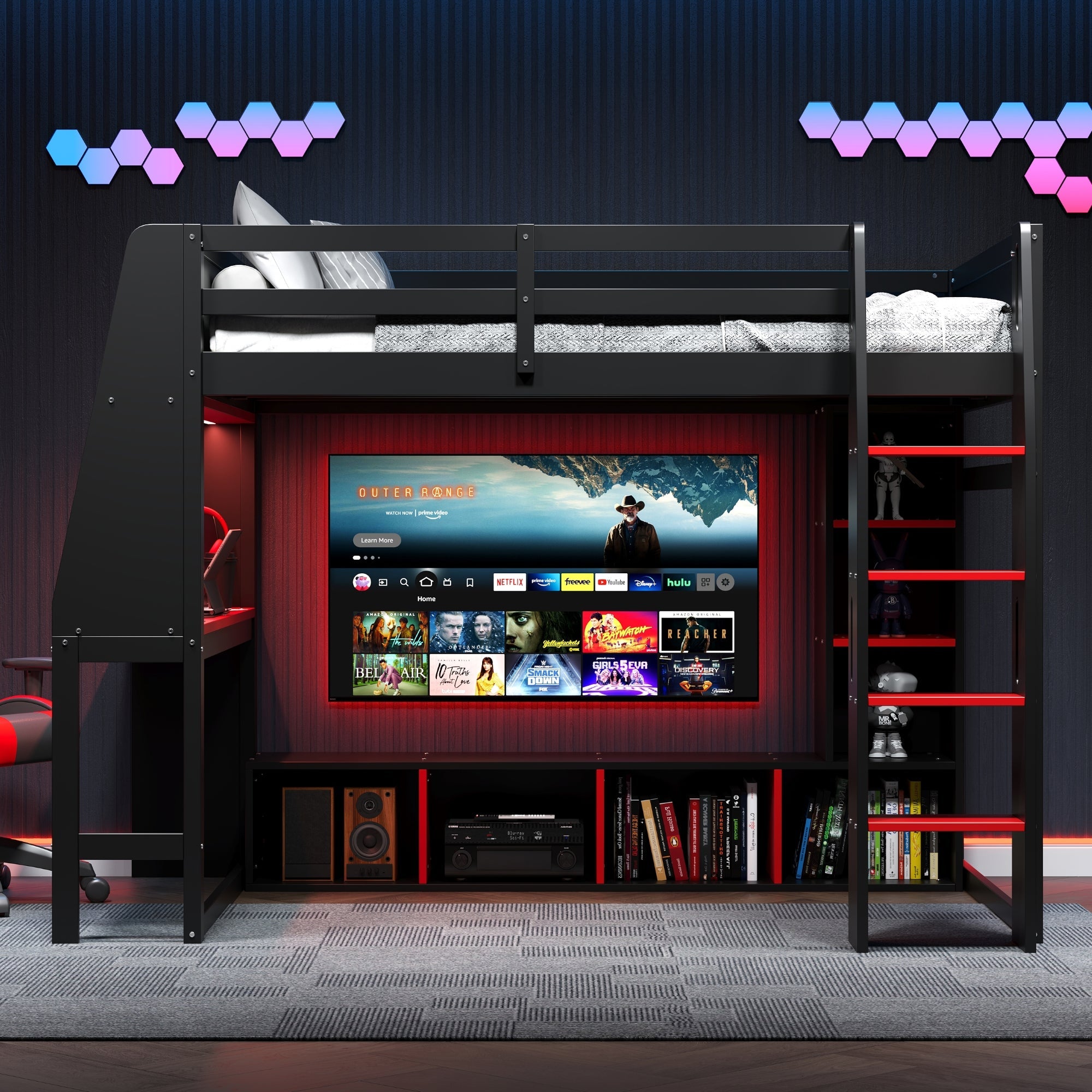 Wood Twin Size Gaming Loft Bed with Desk, Multi-storage Shelves, LED and a Hanging Clothes Rack