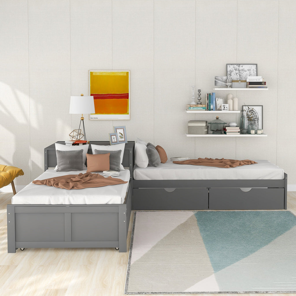 L-Shaped Platform Bed with Trundle and Built-In Desk - Gray