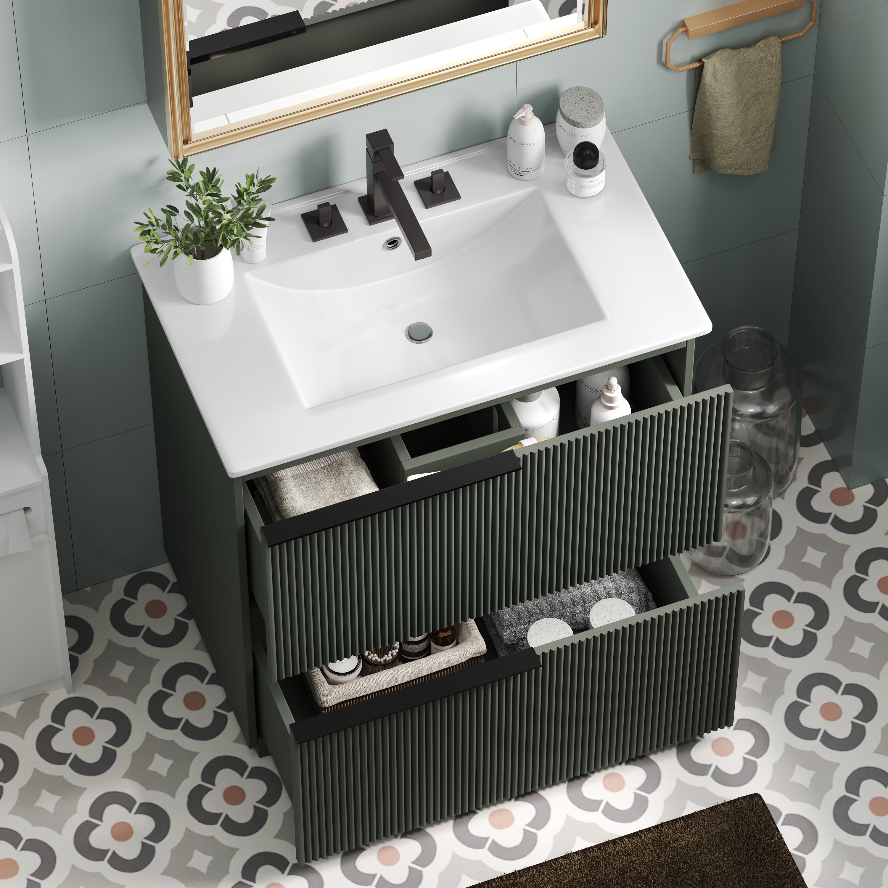 30" Bathroom Vanity with Ceramic Sink and Full-Extension Drawers