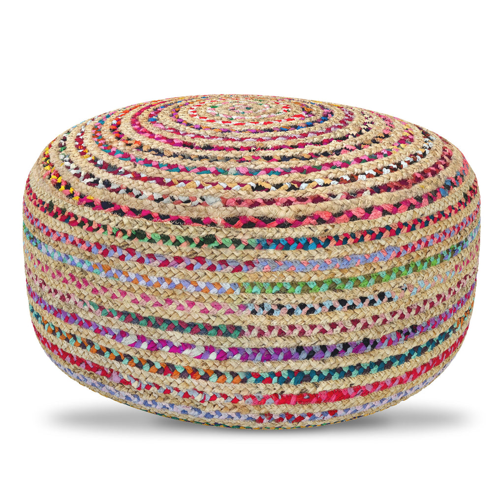 Margo 30 Inch Wide Round Pouf in Multi-Color Handwoven Jute and Cotton