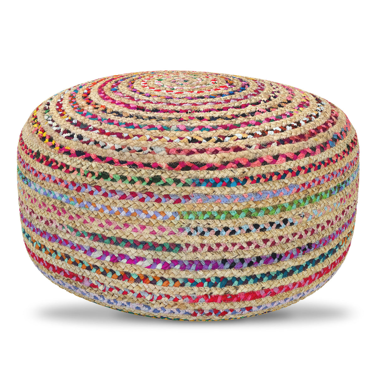 Margo 30 Inch Wide Round Pouf in Multi-Color Handwoven Jute and Cotton