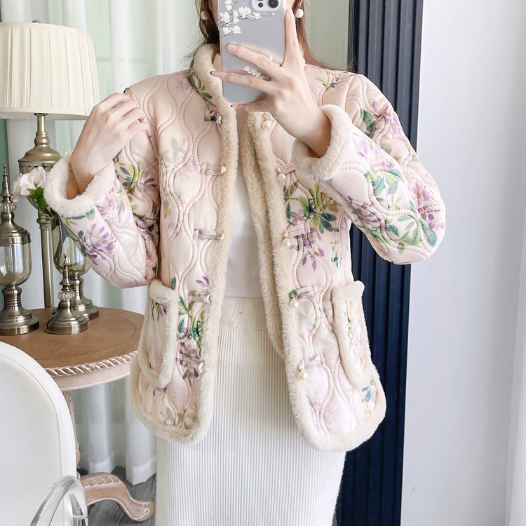 Womens Retro Frog-Button Floral Velvet-Lined Warm Cotton Padded Coat