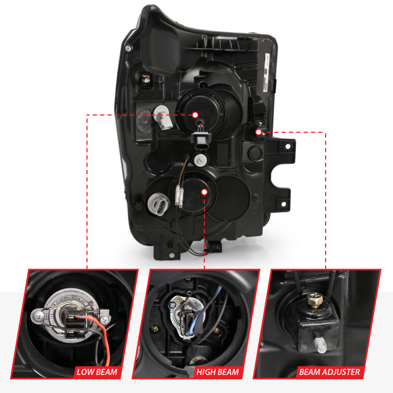 ANZO 2011-2016 Ford F250 Projector Headlights w/ Plank Style Switchback Black w/ Amber 111406
