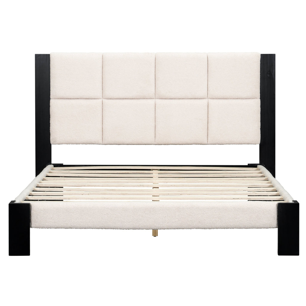 Boucle Queen Bed Frame with Square-Stitched Headboard