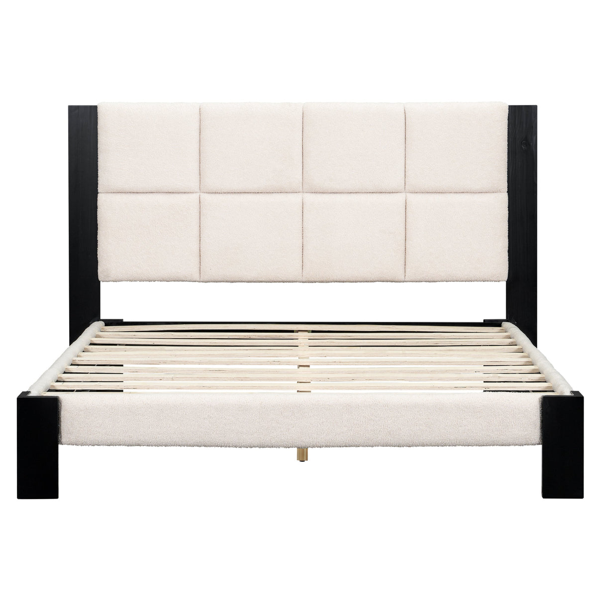 Boucle Queen Bed Frame with Square-Stitched Headboard
