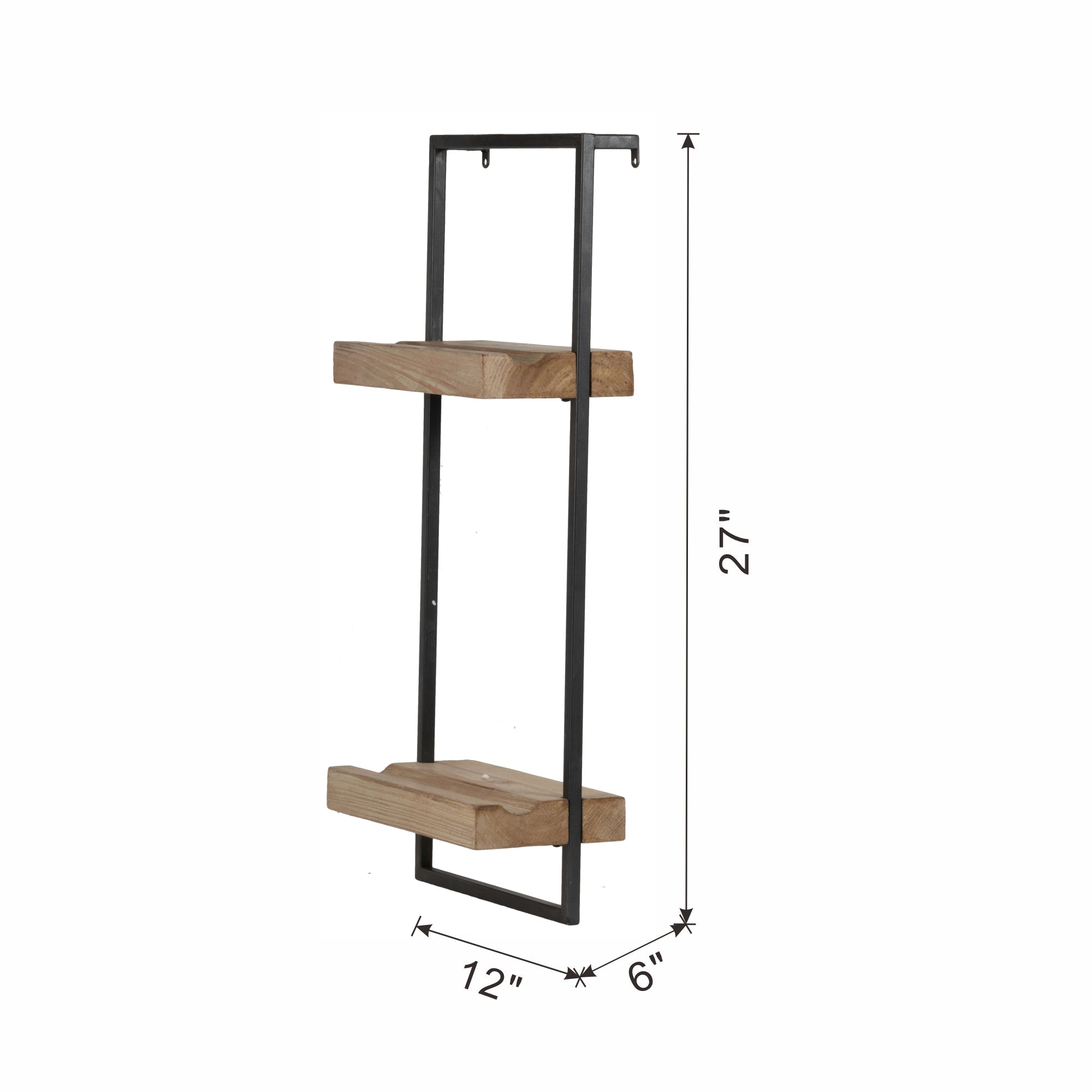 12" x 6" x 27" Iron and Wood Wall Shelf With Two Shelves
