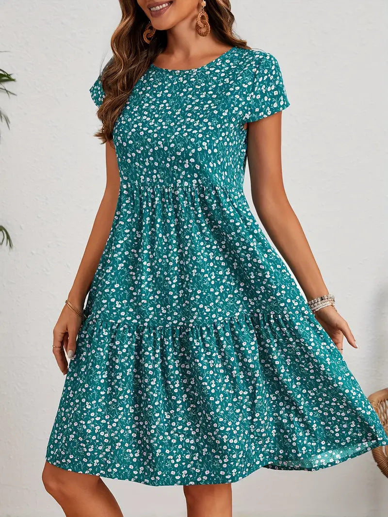All Over Print Crew Neck Short Sleeve Casual Women's Dress
