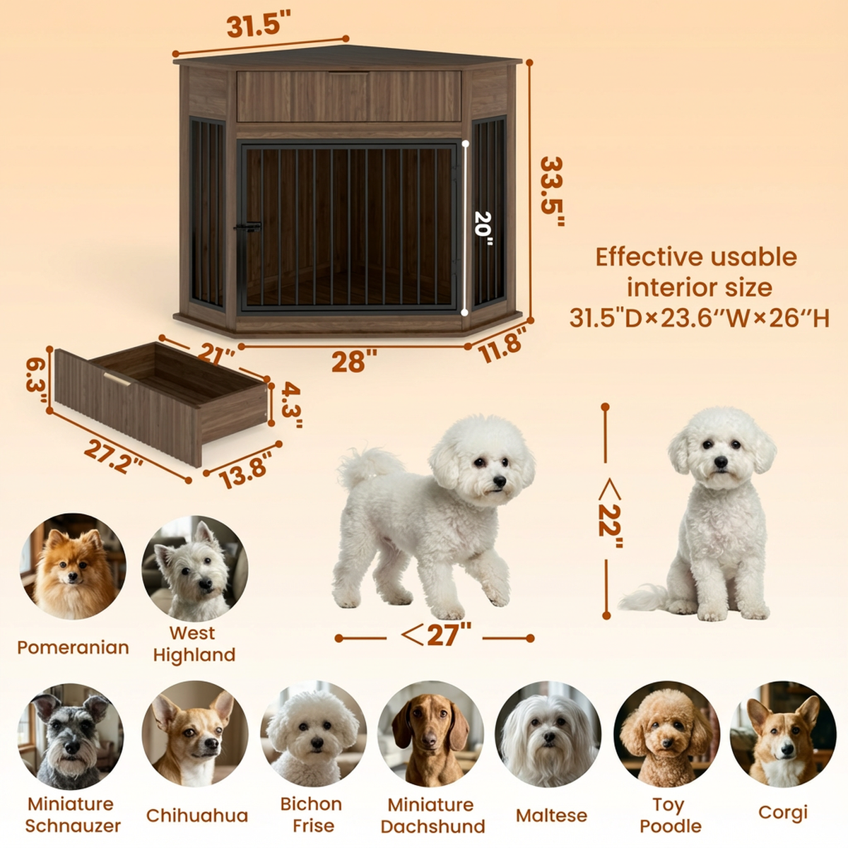 44.6" Corner MDF Dog Crate Furniture for Small/Medium Dogs