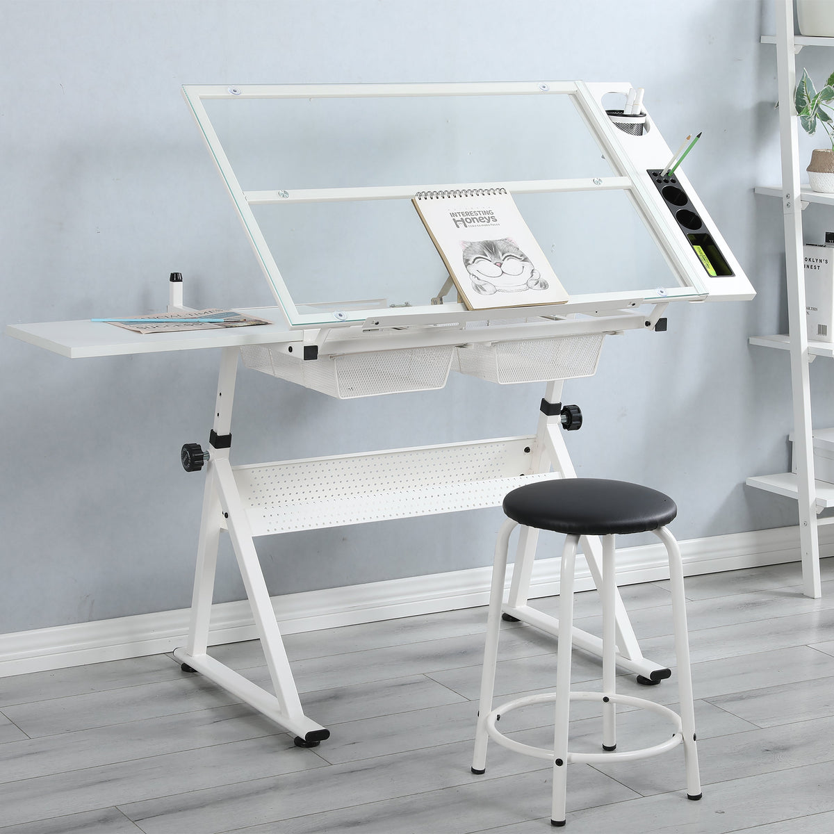 White Adjustable Tempered Glass Drafting Table with Chair