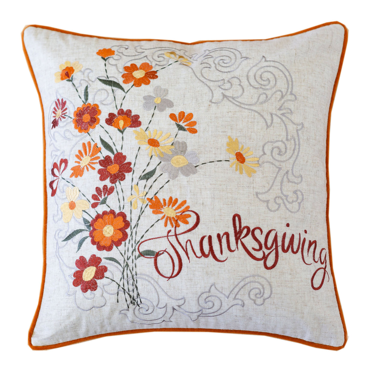 Thanksgiving Embroidered Floral Throw Pillow – Autumn Harvest Accent Cushion Set