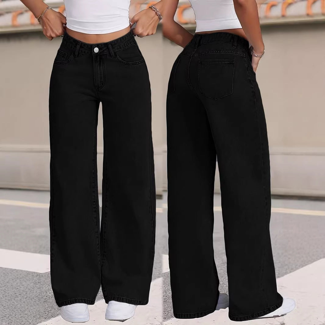 Draped Floor-length Black Straight-leg Jeans