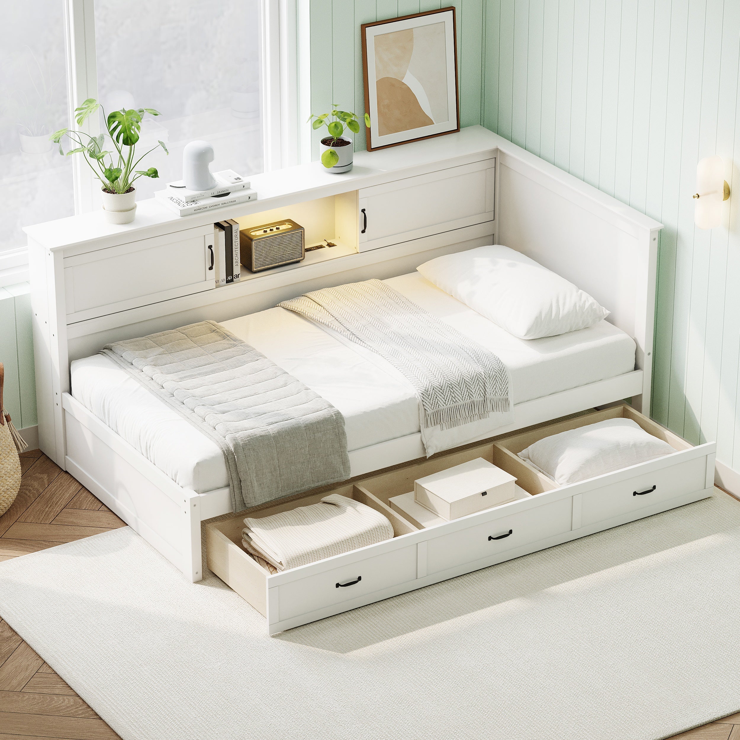 L-Shaped Bed Frame with Drawer and Bookcase
