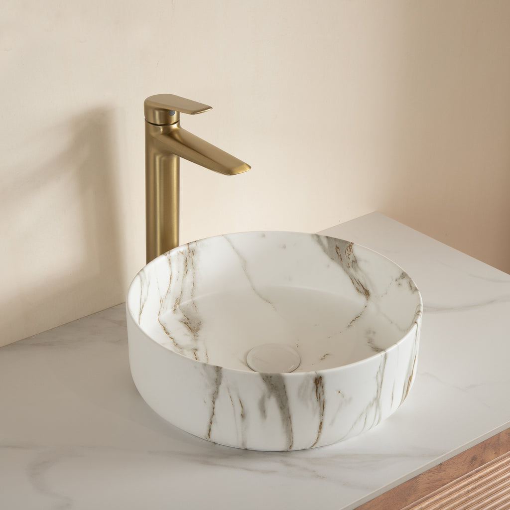 14" Round Vessel Ceramic Bathroom Sink with Stone Pattern