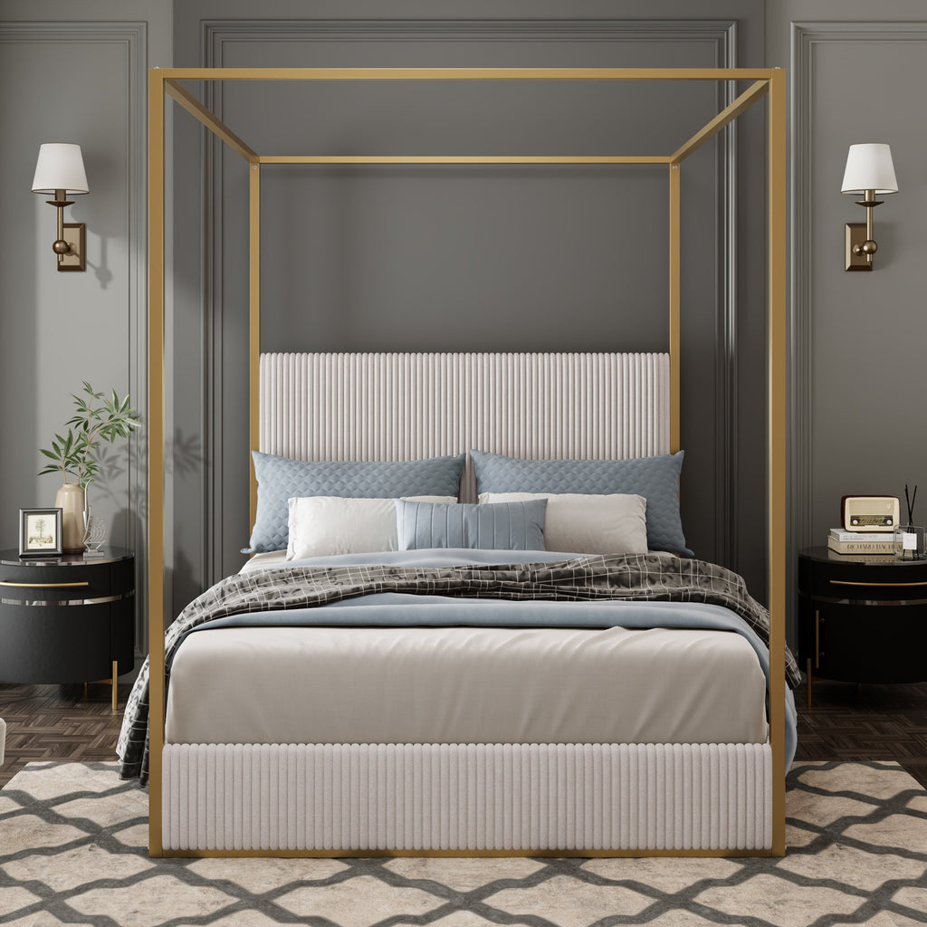 Modern Luxury Metal Canopy Bed with Tall Corduroy Upholstered Headboard