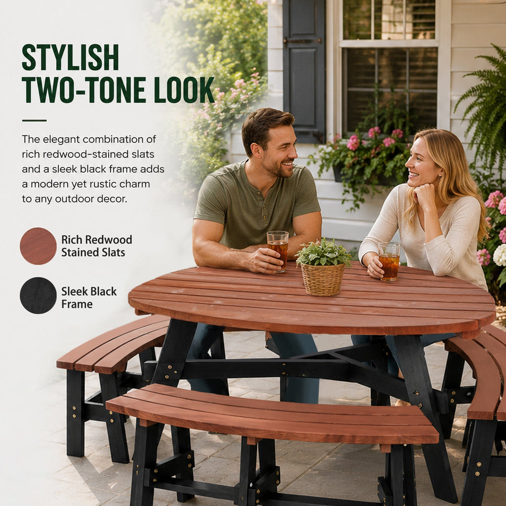 6-Person Semi-Circular Outdoor Solid Fir Wood Picnic Table Set