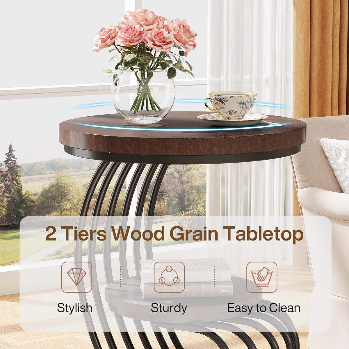 19.68" Round Vintage End Table with 2-Tier Storage – Rustic