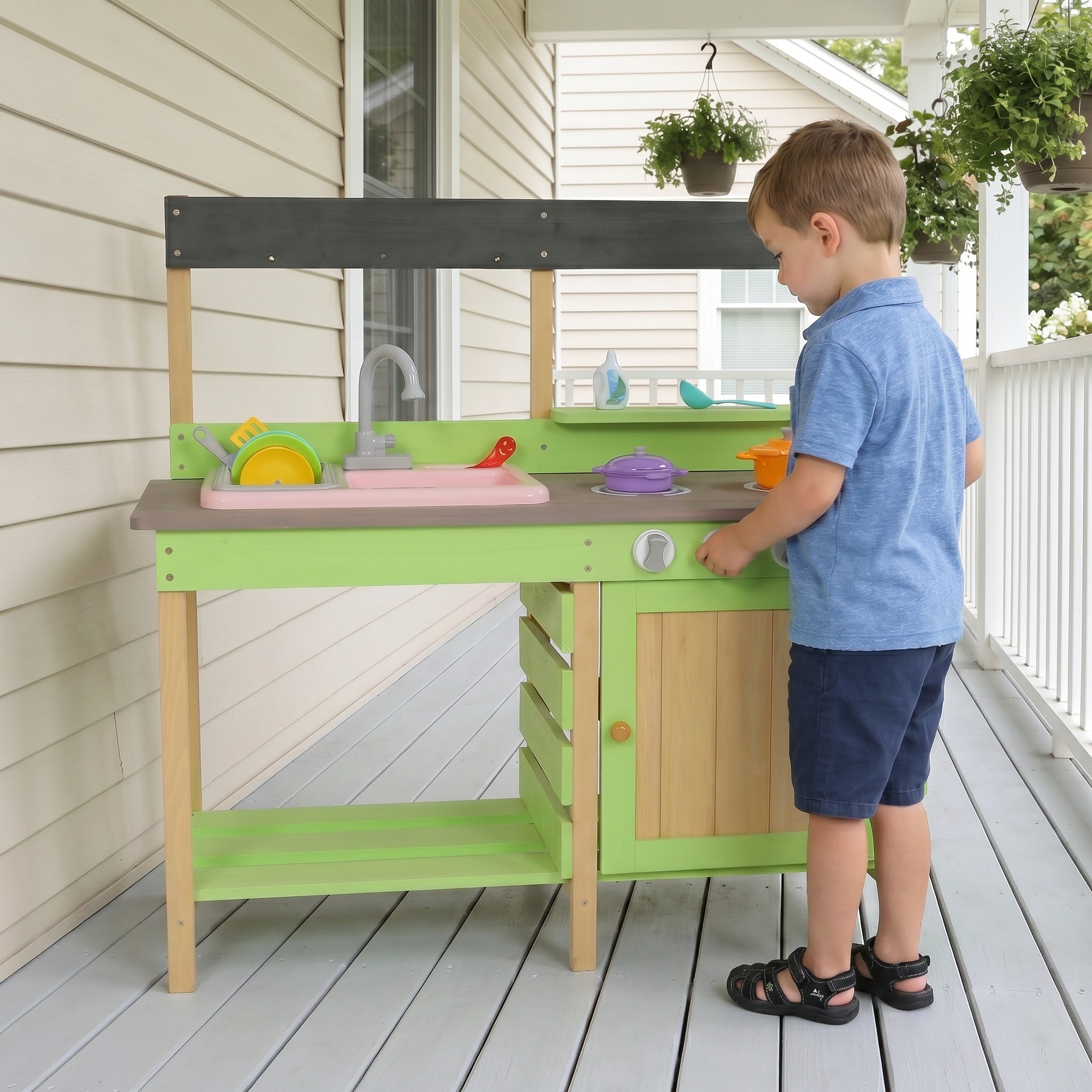 Kids Play Kitchen - Wood Mud Kitchen with Water Play Set