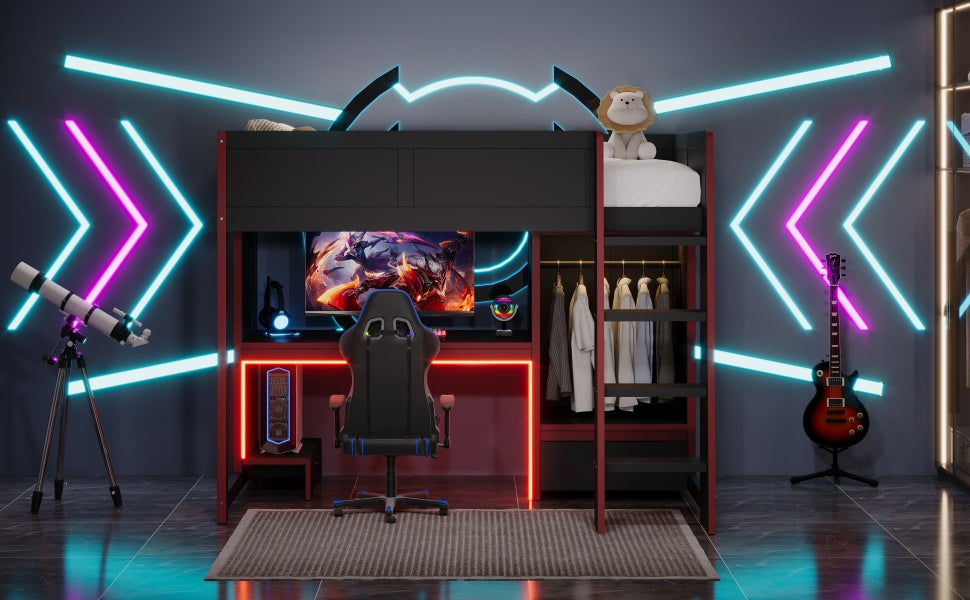 Wood Twin Size Gaming Loft Bed with Built-in Desk, Wardrobe, LED and a Drawer