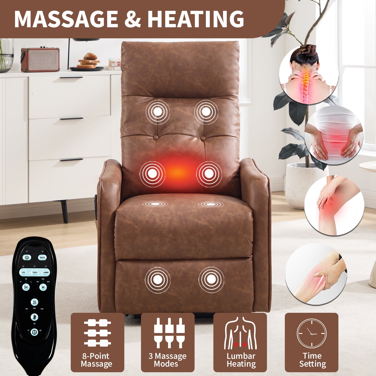 Brown PU Single Motor Power Lift Recliner Chair with Massage and Heat