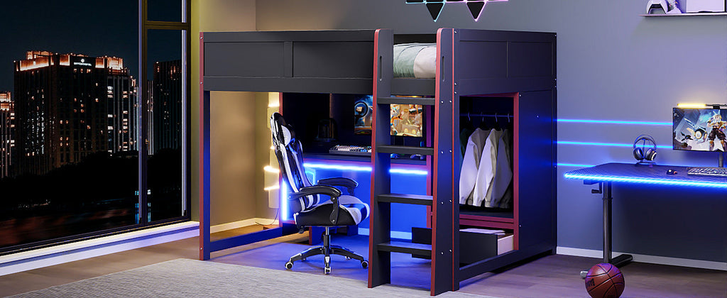 Wood Full Size Gaming Loft Bed with Built-in Desk, Wardrobe, LED and Drawer