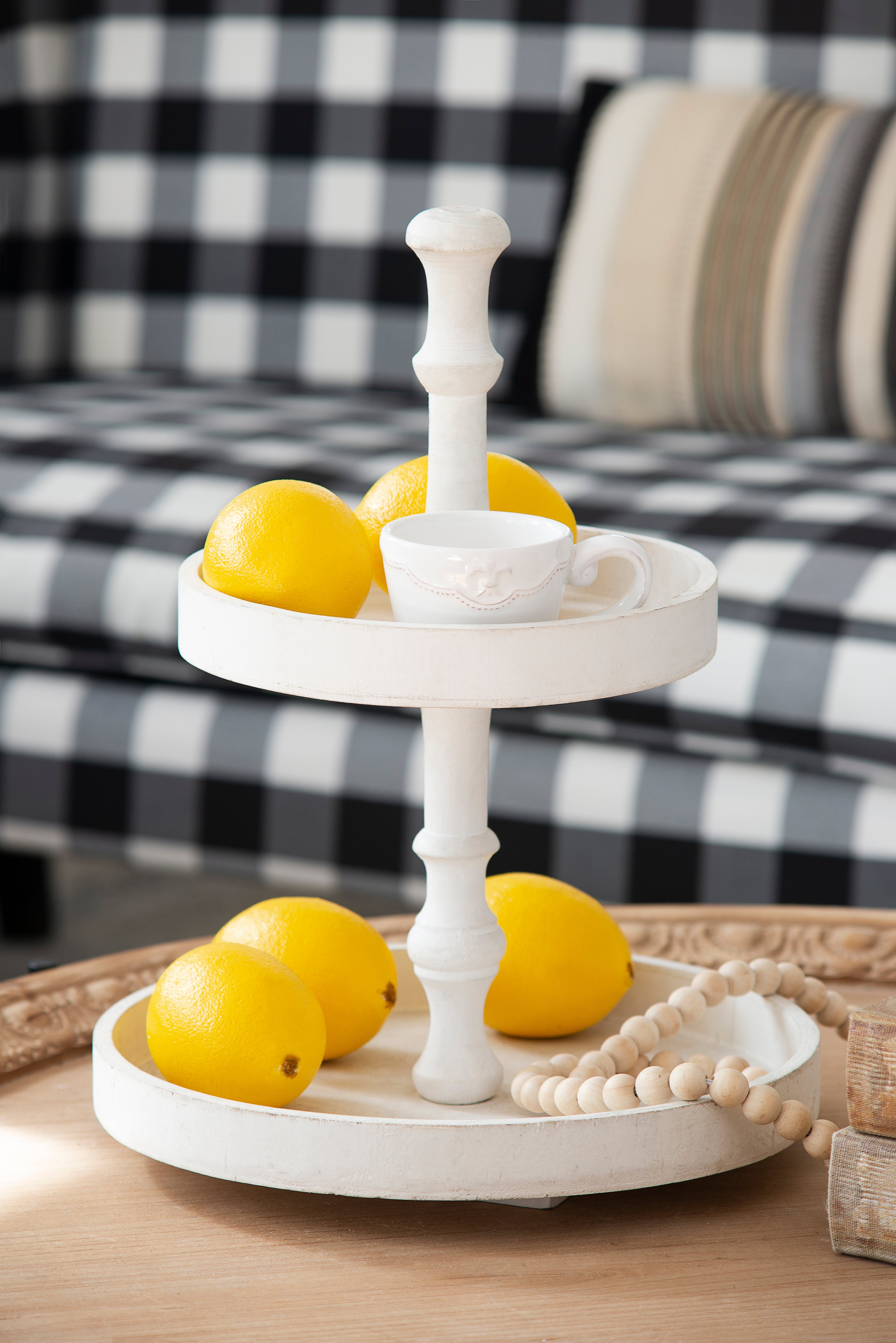 D11.8x15.4" Two-Tiered Round Wooden Tray