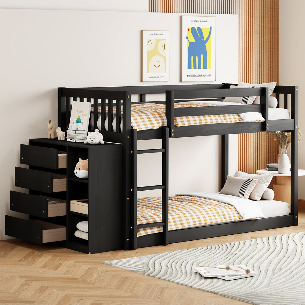 Twin Over Twin Bunk Bed with 4 Drawers and 3 Shelves - Espresso