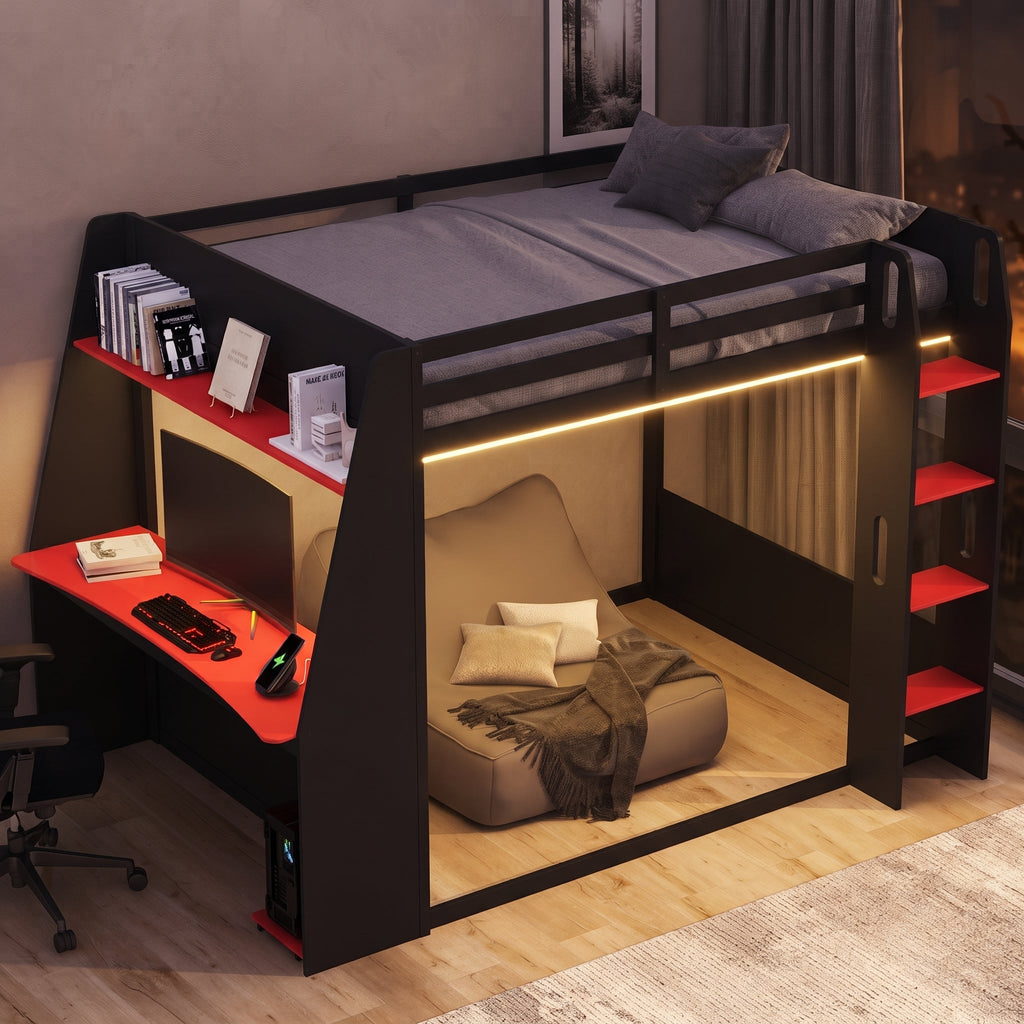 Full Size Wooden Gaming Bunk Bed with Desk and Storage