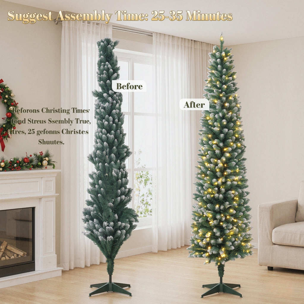 8ft Flocked Pencil Prelit Christmas Tree, Dual-Color