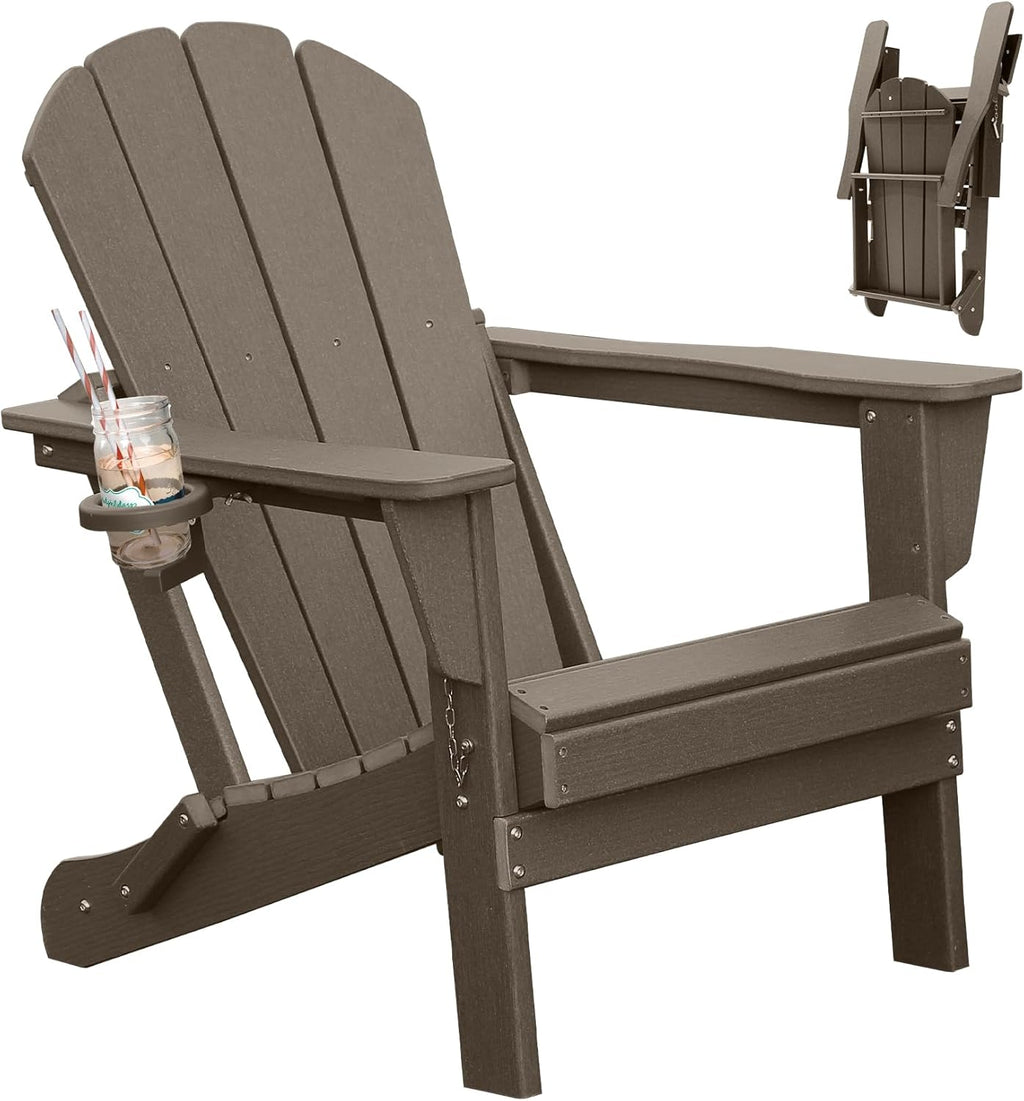 Folding HDPE Adirondack Chair with Cup Holder - Brown