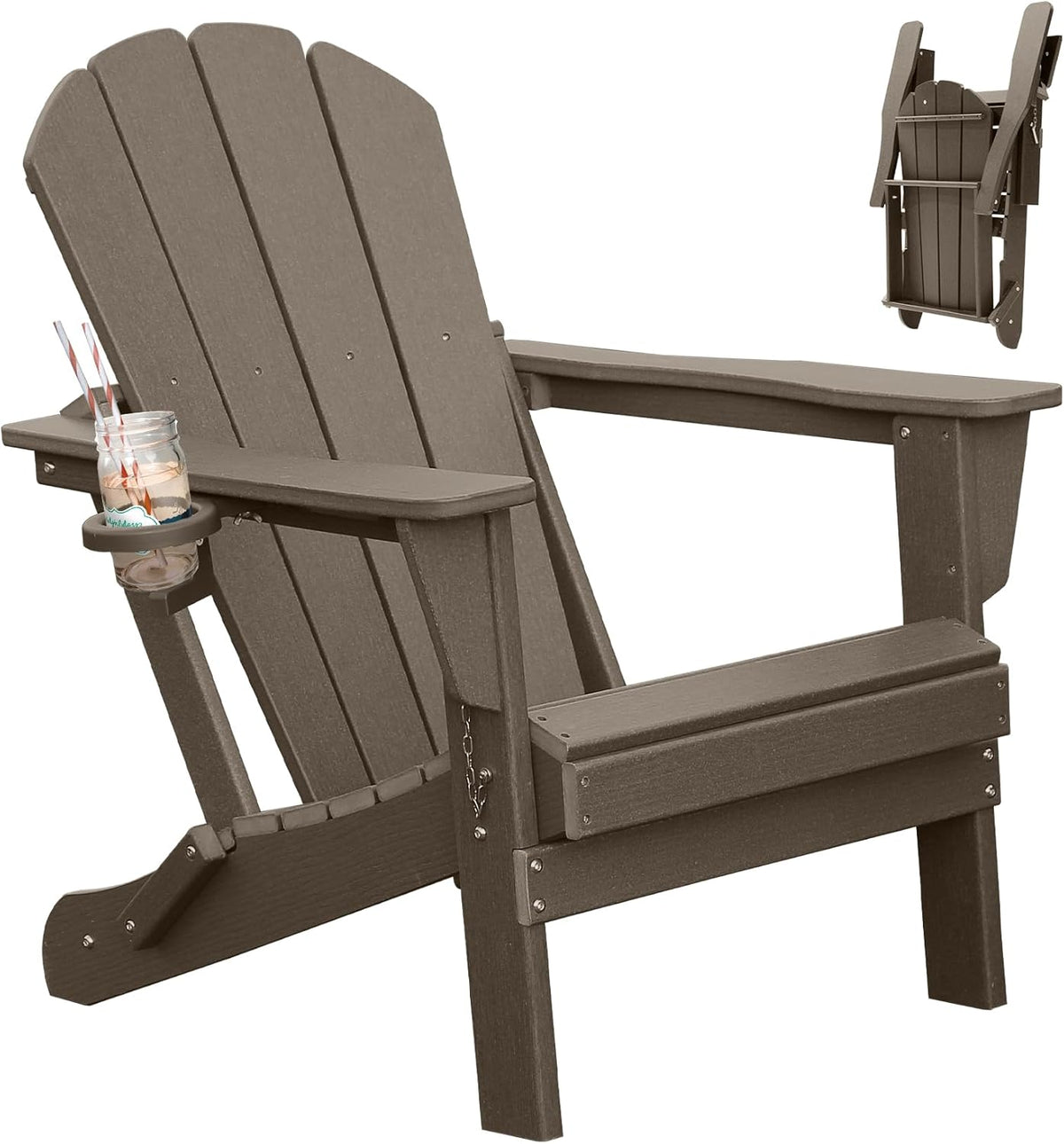 Folding HDPE Adirondack Chair with Cup Holder - Brown