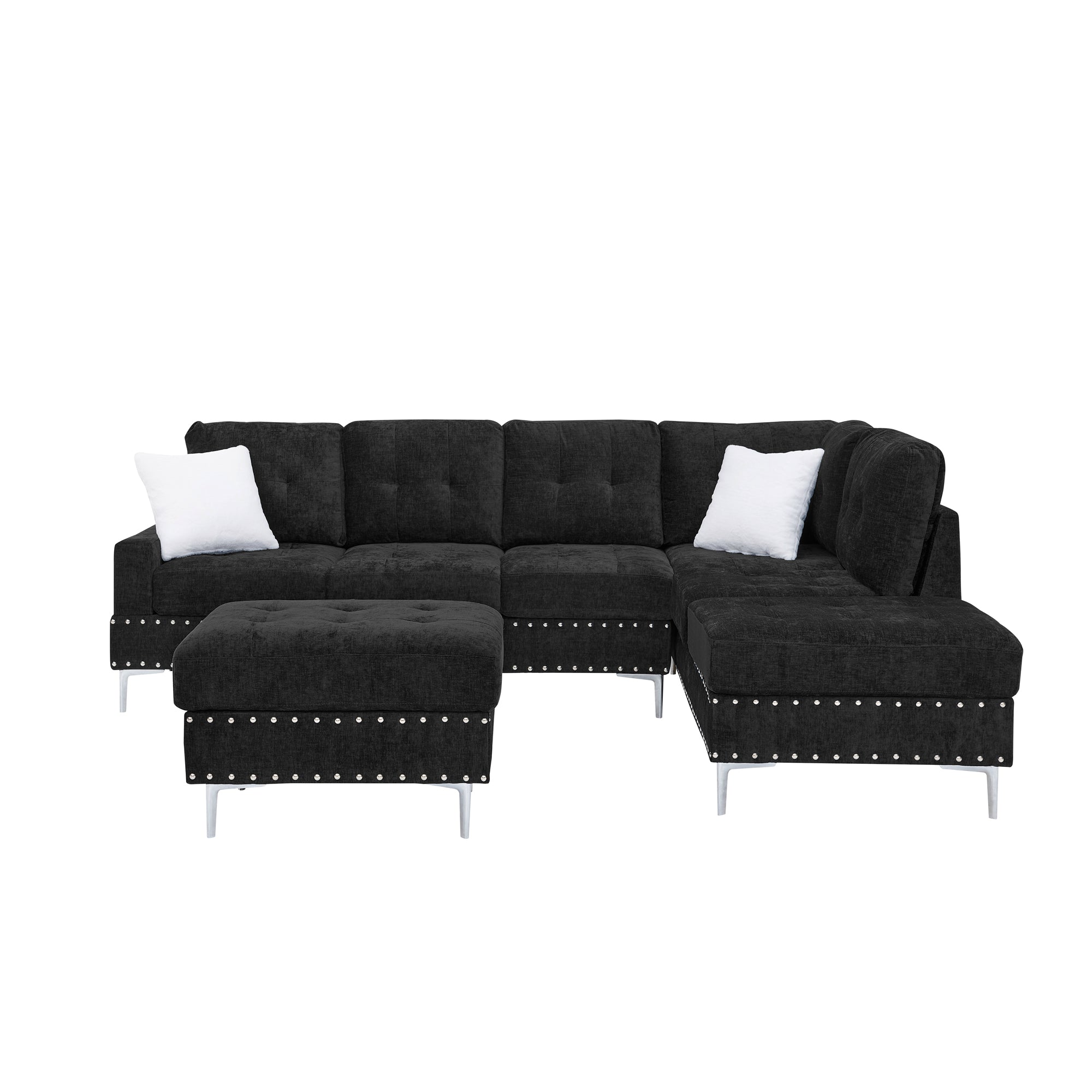 L-Shaped Chenille Sectional Sofa with Chaise and Storage Ottoman