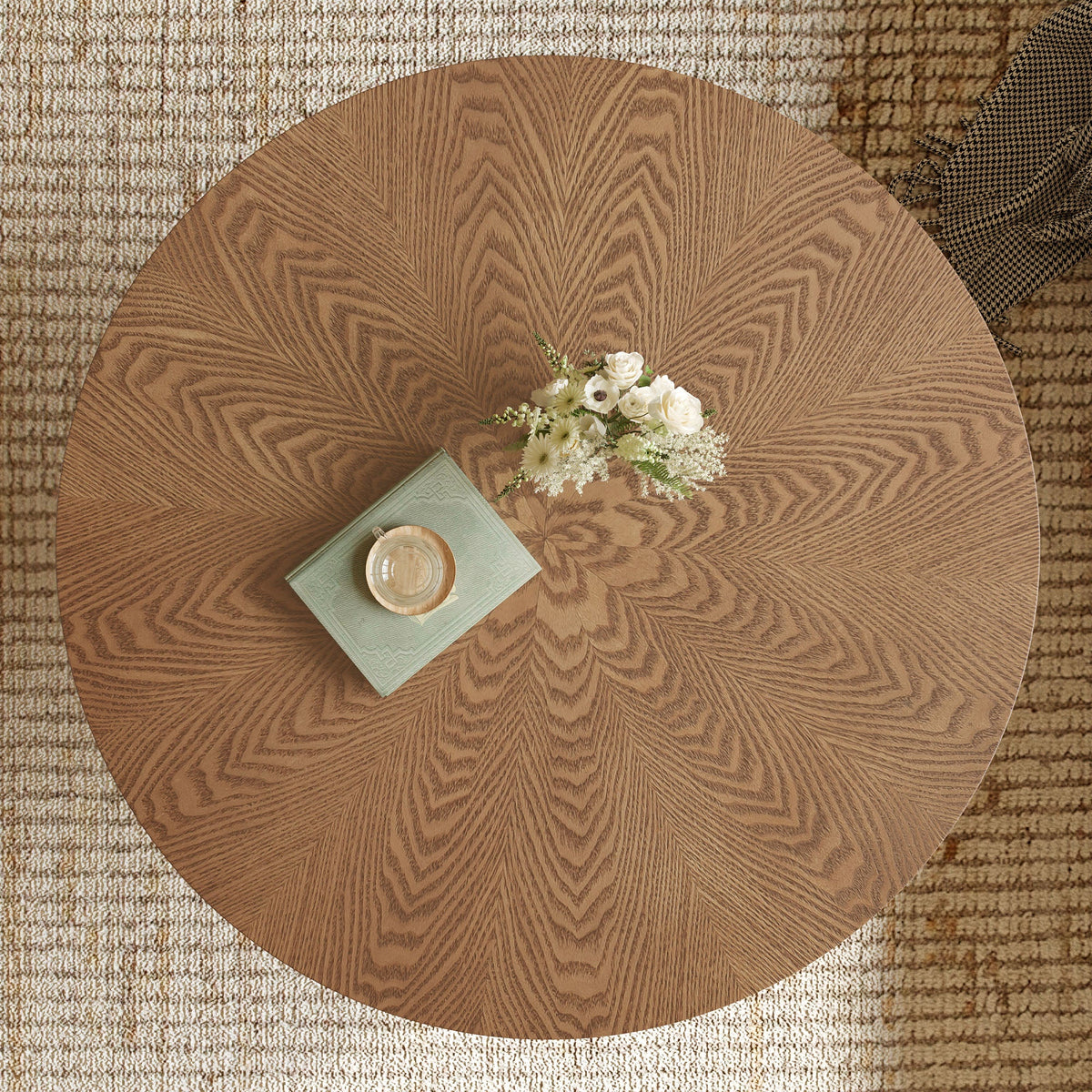 31.5 Inches Round Rustic Ash Wood Veneer Coffee Table