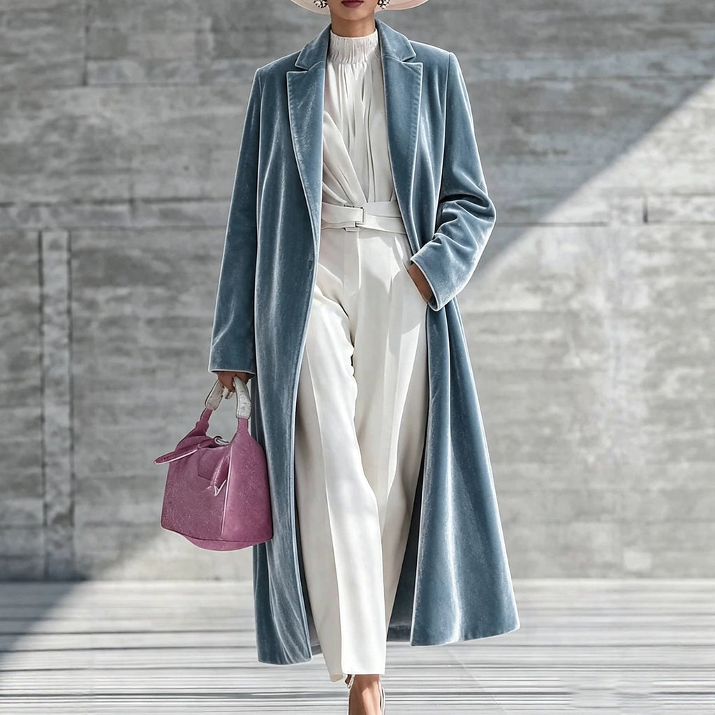 Womens V-neck Over-the-knee Velvet Coat