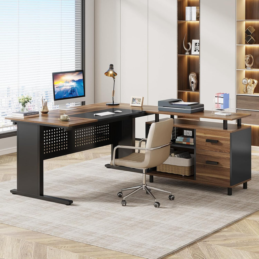 63" L-Shaped Executive Desk with File Cabinet