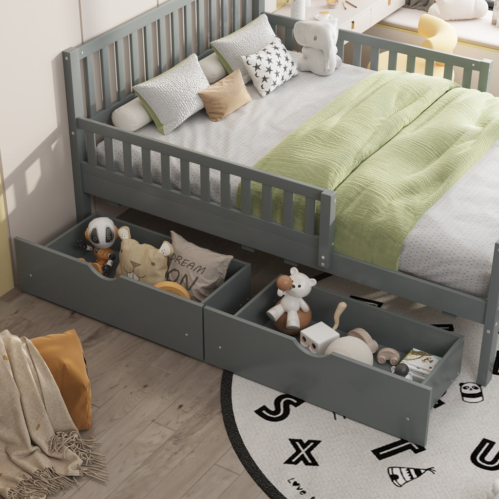 Full Size Wood Platform Bed with Guardrails on Both Sides and Two Storage Drawers